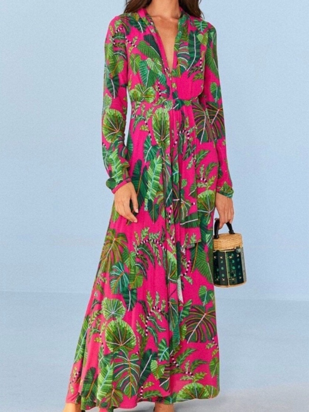 FARM Rio Hot Pink Maxi Dress with Green Tropical Leaf Print small